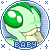 Green cartoon character with large eyes and light green skin in circular frame, blue text below reads BABY, gray background with blue star patterns.