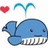 Blue whale with white teeth and a small eye, accompanied by red heart and blue water splashes on left; green text 'I <3 Mikey!' on black background right.
