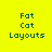 Four variations of a pixelated text layout with 'Fat Cat Layouts' on yellow background, each featuring different purple highlight placements.