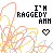 Pixelated animation of a pink and yellow scribbled figure with text changing from "I'M RAGGEDY AMM" to "I'M A BARBIE WORLD" across frames, featuring heart symbols.