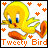 Animated contact sheet of a yellow cartoon bird character with orange beak and feet, surrounded by small orange hearts on white background, displaying slight pose variations across frames.