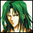Pixelated anime-style character with long green hair and white face paint, next to black background with silver text.