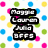 Pixelated black text stacked vertically on white background with colorful dot border.