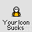 Pixelated character in yellow shirt with white hair and neutral expression, multiple text overlays including "YourIcon Sucks" and speech bubbles reading "NO, REALLY" and "IT SUCKS" on gray background.