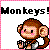 Pixelated monkey with brown fur and pink cheeks waves while holding a white object, framed by pink border with 'Monkeys!' text above.