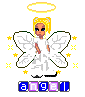 Pixelated angel icon with halo, white robe, and wings surrounded by yellow stars and crosses on a white background.