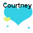 Pixelated blue heart with black text 'Courtney' above it, a small yellow heart to the left, and scattered cyan pixel clusters on white background.
