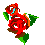A 4-frame animated contact sheet of a pixelated red rose with green leaves and brown stems, showing sequential water droplet movement across frames on a gray background.