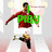 Animated sequence of a soccer player in red jersey and white shorts kicking, with green text overlays reading 'play', 'football', 'soccer', 'midfield', 'or c'.