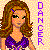 Pixelated cartoon-style icon of a female character with long brown hair and purple clothing, standing against a light yellow background with vertical purple text reading "DANCER" on the right side.