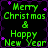 Green pixelated text reads "Merry Christmas & Happy New Year" on a black background with purple star accents, arranged in four identical quadrants.