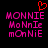 Pixelated pink text 'MONNIE' and variations with a red heart symbol above, on black background.