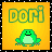 Two side-by-side animated frames of a pixel art buddy icon featuring green text and a frog on a yellow background with black-and-white dotted border.