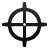 Black crosshair symbol with four arms intersecting at center, enclosed by circular outline on light gray background.