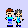 Pixel art of two children holding hands, with text in Japanese and English, showing animation changes in pose and expression.