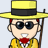 Pixelated cartoon character wearing yellow wide-brimmed hat with black band, dark sunglasses, red bow tie, and yellow jacket holding brown walking stick against light gray background.