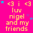 A bright pink background with yellow text reading "<3 i <3 luv nigel and my friends" repeated in a , surrounded by small blue and purple stars