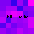 Pixelated of purple and pink squares with four instances of the name 'Michelle' in black text