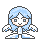 Pixel art contact sheet of four animated frames showing a blue-haired character with white face and limbs in various poses against gray background.