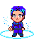 Pixel art character with blue hair and purple outfit, transitioning through multiple poses including full-body front view, silhouette, and cape-wearing stance.