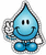 Blue water droplet-shaped character with black eyes and a smile, holding a gray chain-like object against white background.