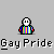 Pixelated character with rainbow striped shirt displays multiple text bubbles and raised arms against gray background.