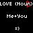 Pixelated text displays 'LOVE (Noun)' with a red heart replacing the 'O' in 'LOVE', 'Me+You' below, and '=)' at the bottom on a black background.