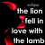 Pixelated black background with red wing-like shapes and white text reading 'the lion I fell in love with the lamb' in a blocky font.
