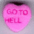 Pink heart-shaped candy with 'GO TO HELL' text, displayed in a of four showing varying pixelation and cropping