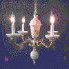 Animated sequence showing a chandelier with three lit candle-like bulbs and a pink lamp with a white shade against dark and light backgrounds.