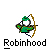 Pixelated green-clad archer with white face and brown bow, labeled 'Robinhood' beneath, in animated sequence showing bow draw and arrow release.