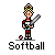 Pixel art of a softball player holding a bat, standing next to a ball on a gray background with 'Softball' text below.