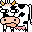 Four pixelated cow icons arranged in a , each with black-and-white spotted patterns and orange horns