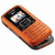 A pixelated orange mobile phone with a small screen and keypad is positioned on the left side of an image, next to text elements.
