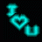 Two side-by-side animated frames of a pixelated 'I ❤️ U' icon with cyan and blue color variations on black background.