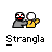 Two pixelated figures with red eyes and gray bodies stand side-by-side, one holding a yellow object with green accents, under the text 'Strangla' on a gray background.