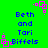 Green background with blue text reading "Beth and Tari Biffels" surrounded by pink square-shaped pixel art elements in a