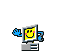 Pixelated cartoon computer monitor with yellow face, blue hands, and gray base showing animation changes