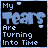 Animated contact sheet of 11 frames showing a text-based buddy icon with blue pixelated text on black background, displaying the phrase "My Tears Are Turning Into Time" with animated water droplets and subtle text movement across frames.