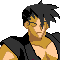 Pixel art character with black spiky hair, brown skin, and black sleeveless top in multiple expressions and poses including closed eyes, open eyes, and yellow energy effects.