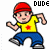 Pixelated character in yellow shirt with red star, blue pants, and red cap dancing side-to-side with 'DUDE' text above.