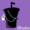 Animated contact sheet of 12 frames showing a black bucket with purple base, white iPod-like device attached by chain, and straw, on solid purple background.