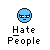 Blue circular pixel art head with varying facial expressions above text reading Hate People on gray background.