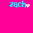 Four variations of the name 'zach' in cyan pixelated text on a bright pink background, each with distinct particle effects.