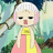 Pixelated character with white hair, pink ears, and a yellow-and-pink dress stands against a blurred green-blue background.
