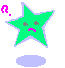 Green star-shaped character with gray eyes and pink mouth in various expressions, some with question marks above head.