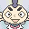 Pixel art contact sheet of four animated frames showing a cartoon character with spotted head, purple mohawk, and pink bow tie in various poses against light blue background.
