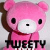 A pink plush bear mascot with large black eyes and a white snout appears in two side-by-side frames of an animated contact sheet, each displaying the word "TWEETY" in bold black text below it.