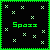 Two side-by-side pixel art display the word 'Spazz' in green and cyan text against black backgrounds with scattered light-colored X symbols