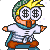 Pixel art contact sheet showing two frames of an animated character with dollar signs for eyes and a green-and-yellow helmet, wearing white shirt, blue scarf, orange pants, and blue shoes on gray background.